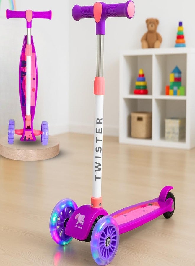 ستوريو سكوتر ستوريو تويستر القابل للطي للأطفال بعجلات مضيئة بتقنية LED | سكوتر بتصميم دراجة تزلج مع مقبض قابل للتعديل وتصميم قابل للطي | لعبة ركوب خفيفة الوزن للأولاد والبنات - بنفسجي - Image 1